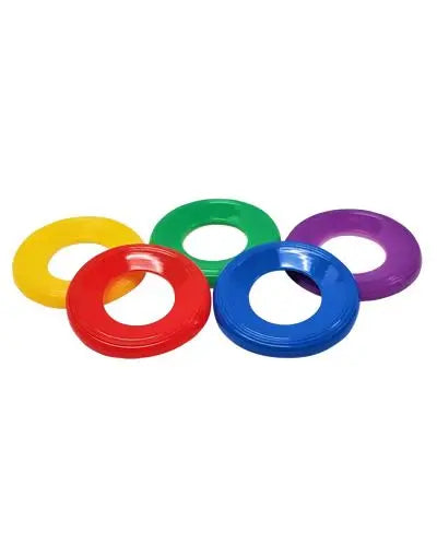 Vibrant plastic bird toy disks in assorted colors, measuring 2.5 inches long and 2 inches wide, perfect for playful pets.