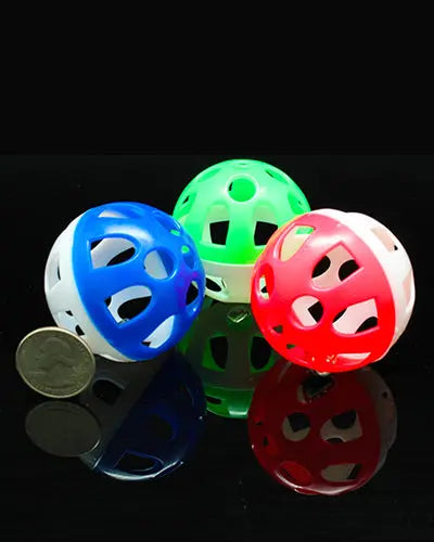 Colorful plastic bird toy ball with a jingling bell inside, measuring 2 inches in diameter, perfect for feathered friends.