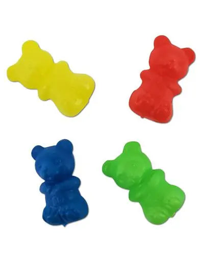 Colorful set of four plastic bear-shaped bird toy parts, each measuring 2 inches long and 1 inch wide with a small hole.