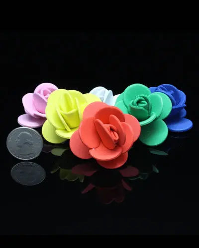Colorful foam roses in a 4-pack, perfect as plastic bird toy parts, measuring about 1-5/8 inches long and 1 inch high.