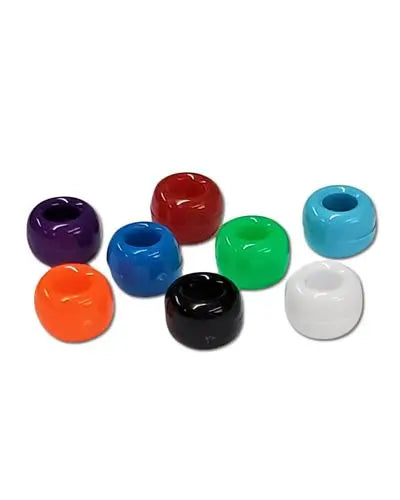 Vibrant assortment of 50 pony beads in mixed colors, perfect for crafting bird toys, each measuring 6mm by 9mm.