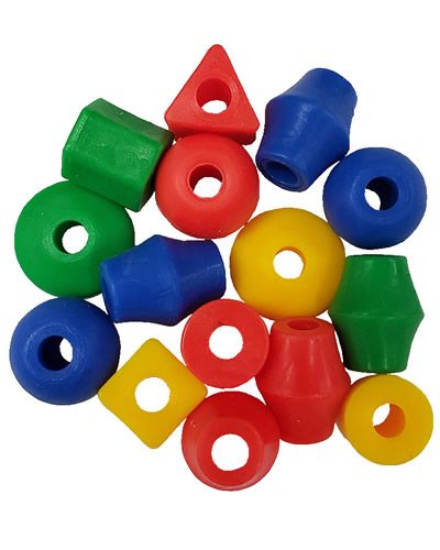 Vibrant plastic beads in assorted colors and shapes, perfect for crafting custom bird toys, sized at 1-7/8" x 5/8".