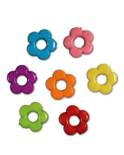 Vibrant assortment of 10 plastic flower rings in various colors, perfect as bird toy parts, each measuring 3/4 inch in diameter.