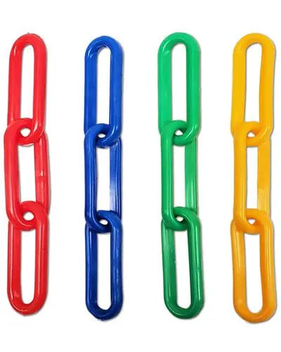Vibrant, durable 2-1/2" long link plastic chain in assorted colors, perfect for safe bird toys, sold by the foot.