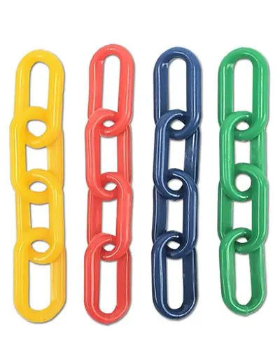 Vibrant 6mm hard plastic chain links in assorted colors, perfect for crafting safe bird toys, sold per foot.