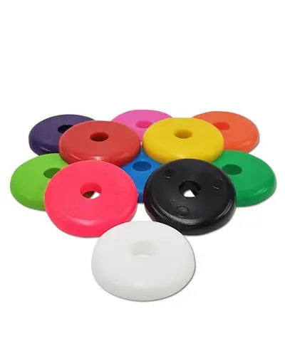 Colorful 1-1/8" plastic disc bird toy part with a small center hole, perfect for crafting engaging pet playthings.