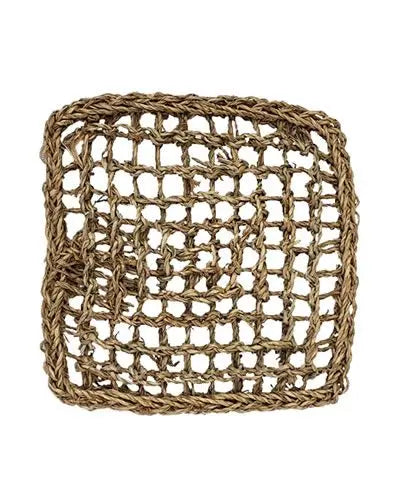 Braided seagrass mat measuring 10"x10", perfect as a versatile base for crafting engaging bird toys with a natural texture.