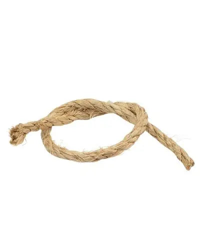 Close-up of 1/4" natural sisal rope, 5 ft. long, un-oiled, with a rough, earthy texture, perfect for crafting bird toys.