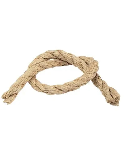 Close-up of a 1/2-inch natural sisal rope, 3 feet long, un-oiled, with a rough, fibrous texture, perfect for bird toys.