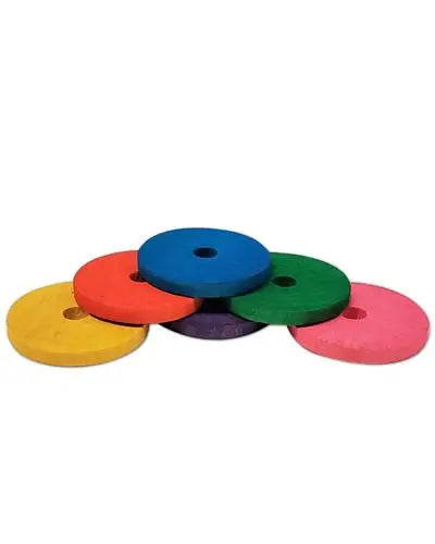 Vibrant 2-inch colored wooden discs in a 6-pack, perfect as bird toy parts, with a smooth finish and small center hole.