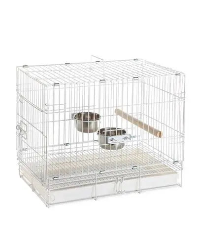 Lightweight 19-inch collapsible bird carrier in white, perfect for medium to large parrots, with a perch and feeder bowls.