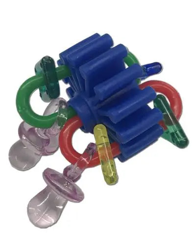 Bright plastic Gear Spinner bird toy with colorful pacifiers and shapes, perfect for medium-sized birds to play and chew.