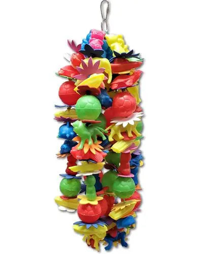 Colorful bird toy with plastic balls, ducks, and animals on a knotted rope, accented by soft foam flowers, hanging playfully.