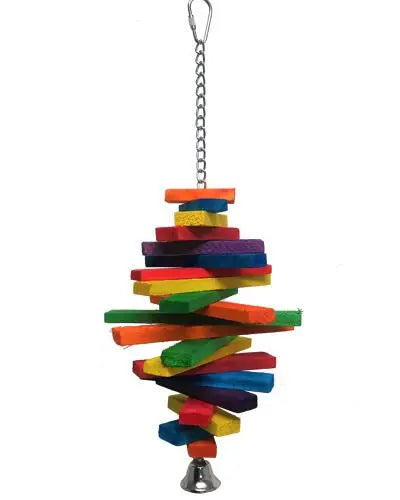 Vibrant wooden slats in graduated lengths twist on a durable chain, forming a colorful spiral bird toy for playful interaction.