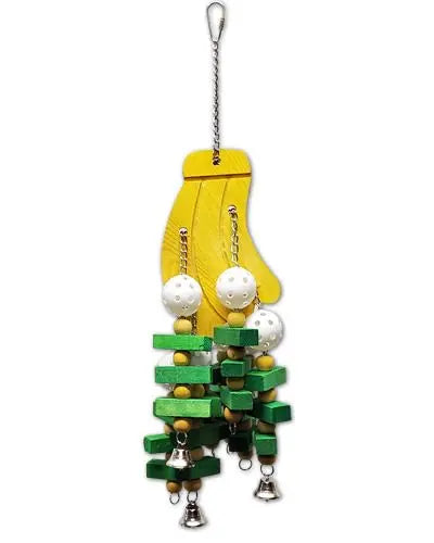 Vibrant large banana bird toy with chewable wood blocks and balls, hanging at 20 inches long for medium to large birds.