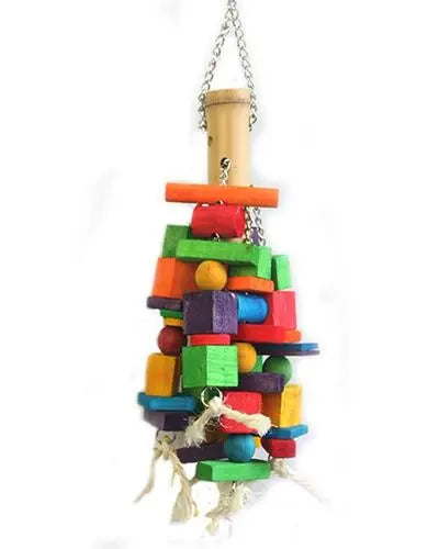 Vibrant Happy Beaks bird toy with colorful wooden blocks and bamboo, hanging from a durable chain with sisal rope knots.