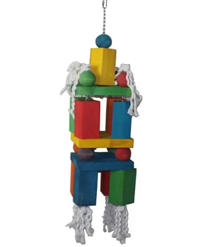 Vibrant Happy Beaks bird toy with large wooden blocks and colorful cotton rope, linked by sturdy stainless steel chains.