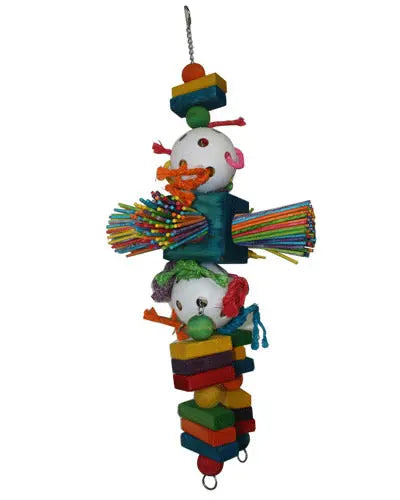 Vibrant Happy Beaks Parrot's Delight Large bird toy with colorful wood pieces, paper sticks, and plastic balls for engaging play.