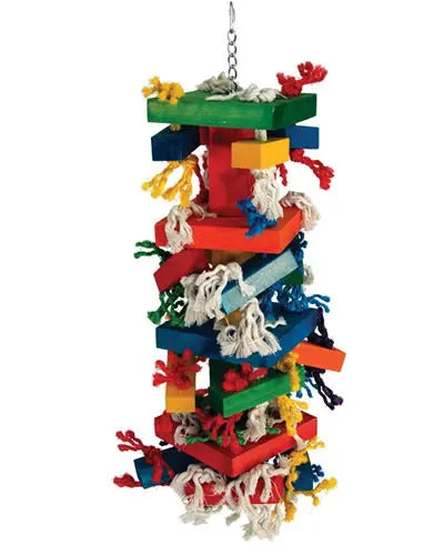 Vibrant Deluxe Preener & Mega Blocks bird toy with colorful giant wood blocks and knotted cotton rope for large birds.