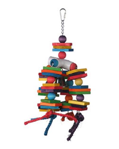 Vibrant Happy Beaks 4 Way Foraging Fun bird toy with colorful wooden blocks, balls, and cotton rope strands for play.