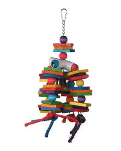 Vibrant Happy Beaks 4 Way Foraging Fun bird toy with colorful wooden blocks, balls, and cotton rope strands for play.