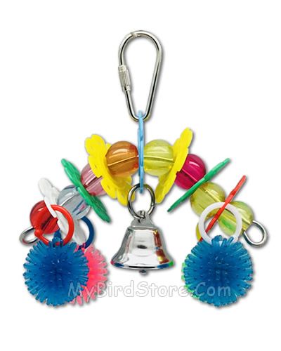 Vibrant Happy Beaks Rainbow Bridge bird toy with colorful wheels, beads, links, koosh balls, and a shiny bell for play.