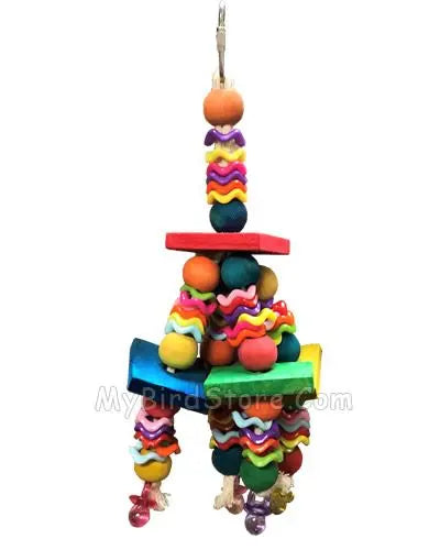 Colorful Happy Beaks Fiesta Blocks bird toy with wood slices, wavy plastic parts, and baby pacifiers for playful beaking.