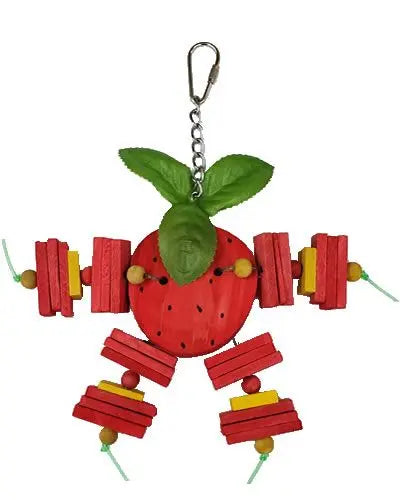 Bright red strawberry-shaped bird toy from Happy Beaks, featuring chewable wooden blocks and balls for small to medium birds.