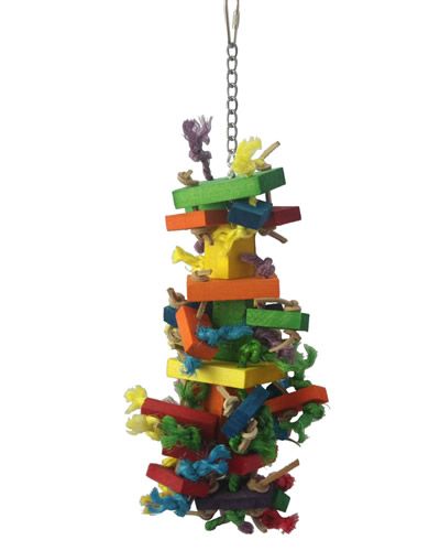 Vibrant Small Cluster Blocks bird toy with colorful wood blocks, sisal rope, and leather knots for chewing and preening fun.