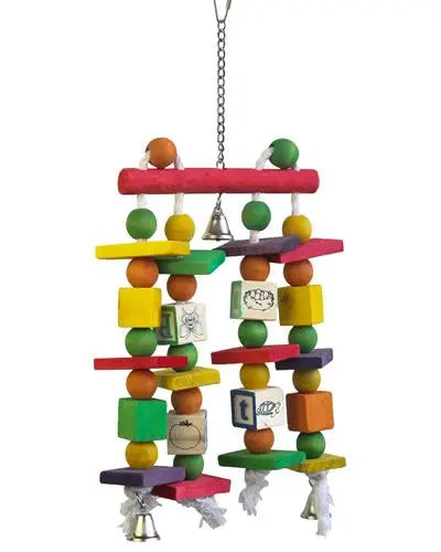Colorful Happy Beaks ABC's & 123's bird toy with wooden shapes, cotton rope, chains, and bells for engaging play.