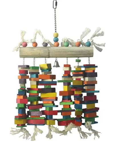 Vibrant Happy Beaks Bamboo Block Cluster bird toy with colorful wooden shapes and blocks hanging on a steel chain.