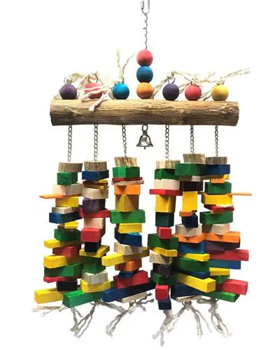 Vibrant Happy Beaks Wood Block Cluster bird toy with colorful wooden shapes and blocks hanging on a sturdy steel chain.