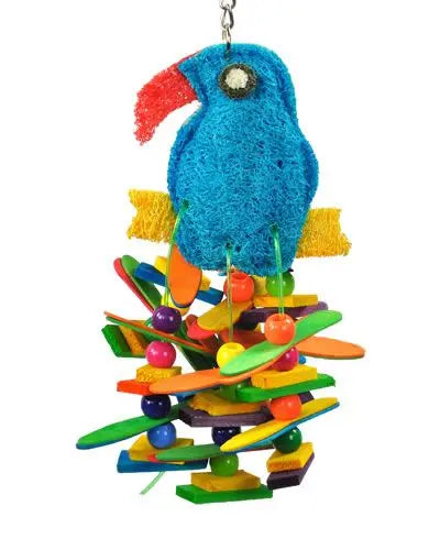 Colorful Toucan Sam Happy Beaks bird toy with shreddable luffa, wood blocks, and vibrant plastic beads for playful pets.