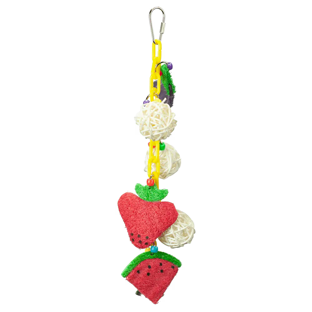 Colorful bird toy featuring vine balls, loofah fruits, and veggies dangling from a sturdy plastic chain for playful foraging.