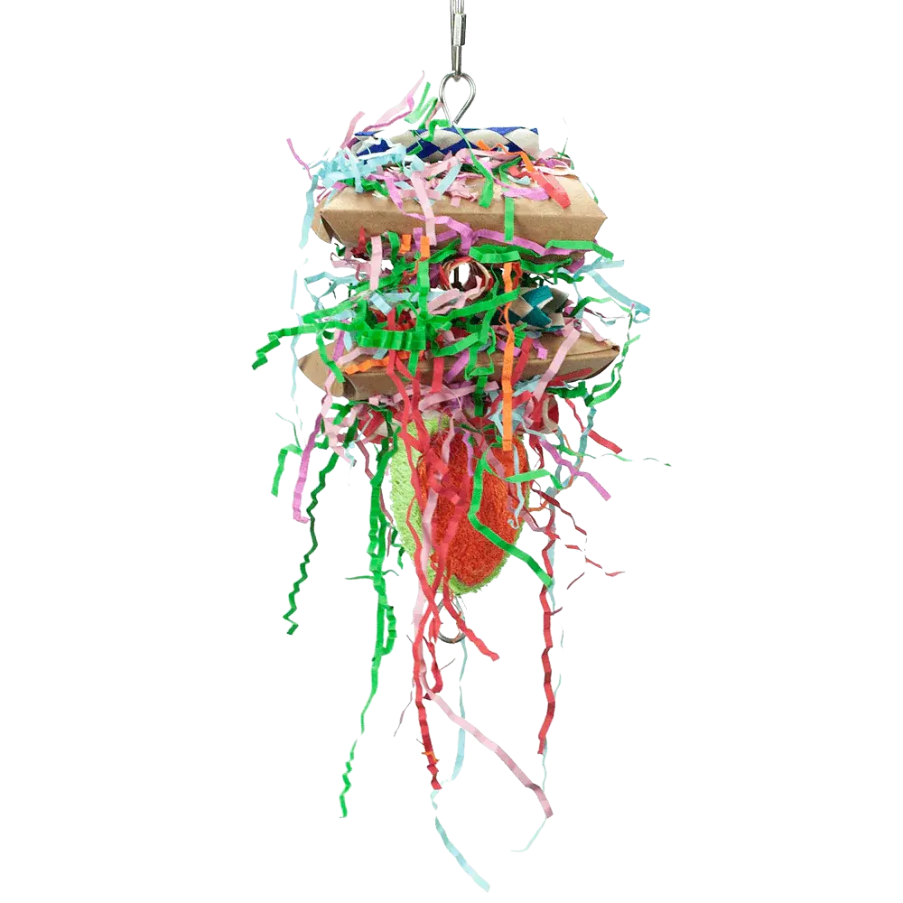 Colorful Happy Beaks Lots of Love bird toy with crinkle paper, kraft boxes, finger traps, and a loofah base for foraging fun.