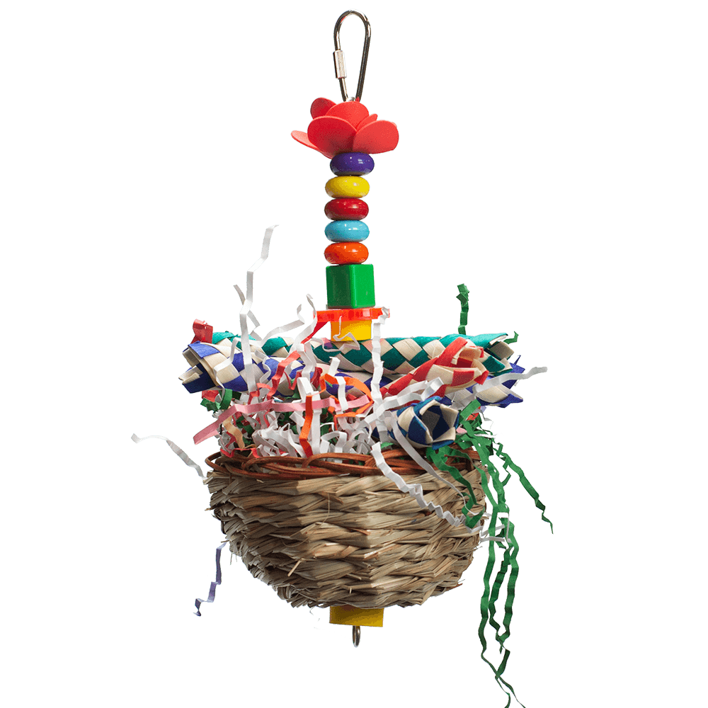 Colorful Happy Beaks Love Nest toy with a wicker basket, crinkle paper, beads, and a foam flower for foraging fun.