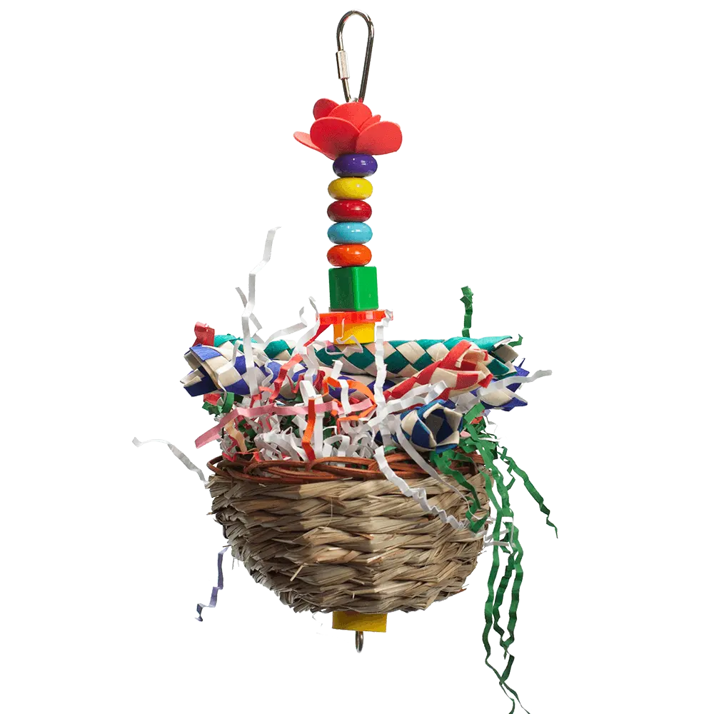 Colorful Happy Beaks Love Nest toy with a wicker basket, crinkle paper, beads, and a foam flower for foraging fun.