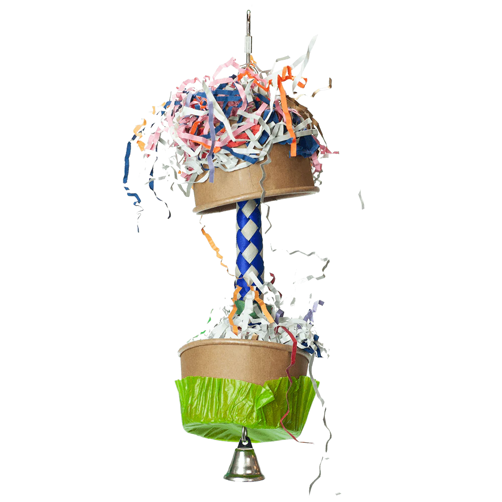 Colorful Happy Beaks Foraging Cupcake toy with crinkle paper and a finger trap, perfect for conures and cockatiels to explore.