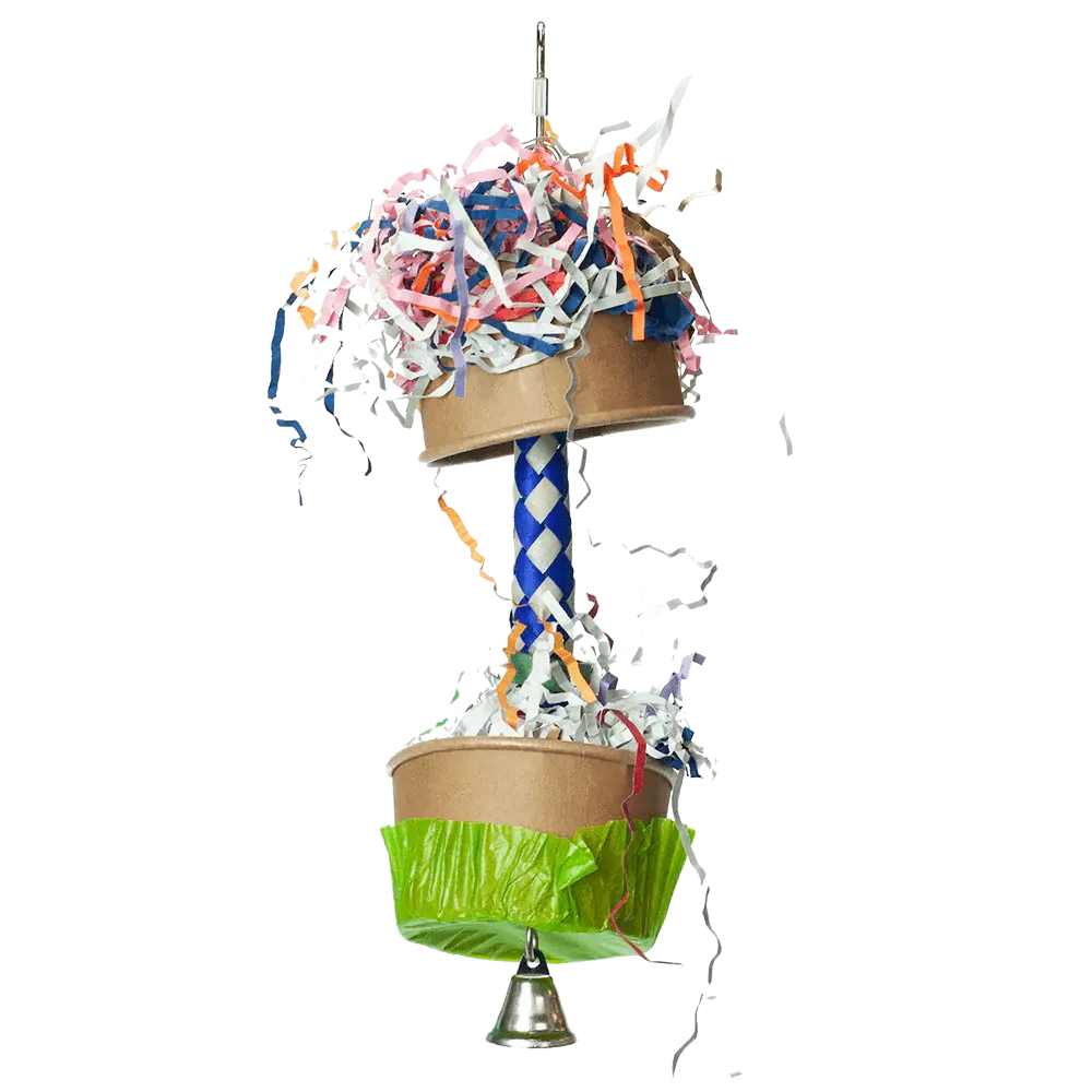 Colorful Happy Beaks Foraging Cupcake toy with crinkle paper and a finger trap, perfect for conures and cockatiels to explore.