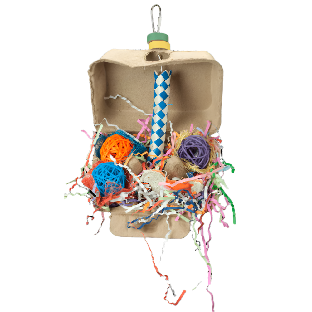 Colorful bird toy with cardboard base and various materials on a white background
