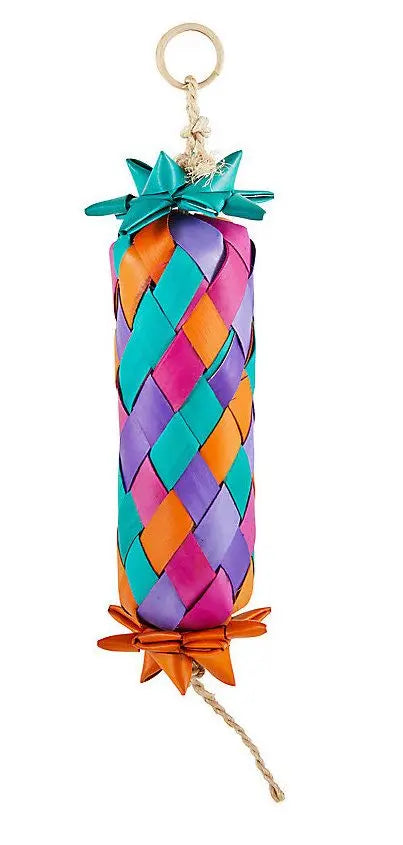 Colorful Happy Beaks Starfruit bird toy with a woven cylinder design, packed with wood slices for engaging bird play.