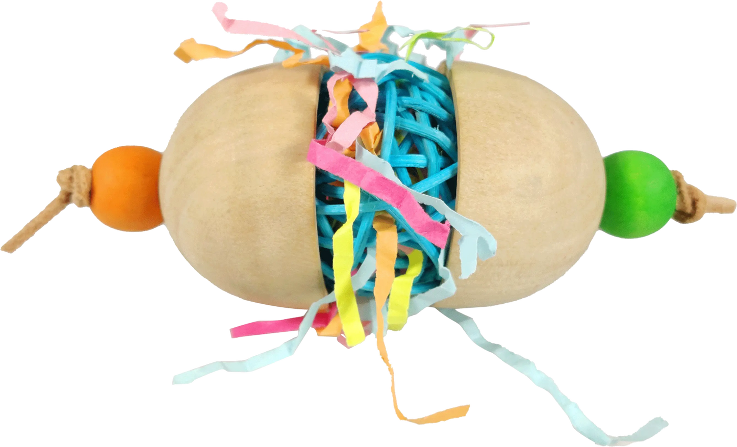 Colorful Happy Beaks Hatching Foot Toy with wooden cups, a cine ball, and crinkle paper, perfect for medium birds.