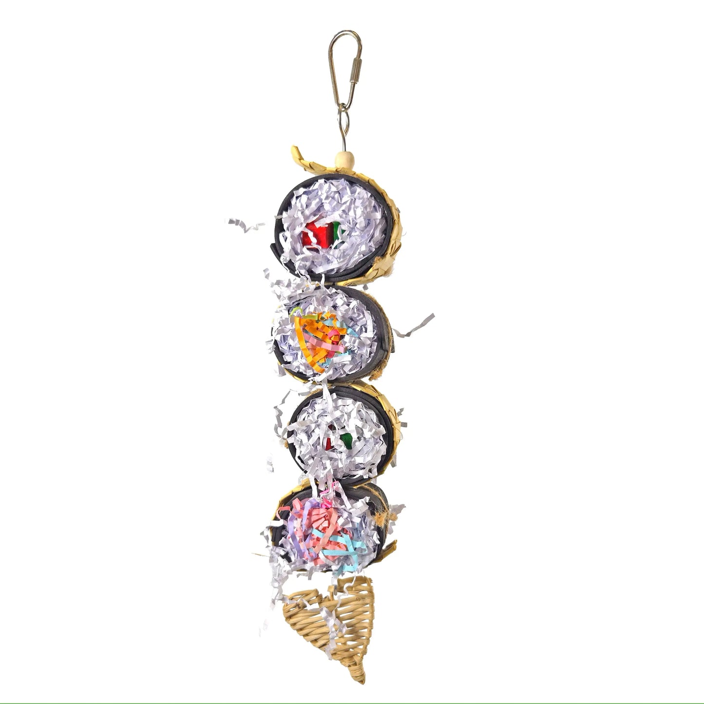 Vibrant Cali Roll Sushi Stack Hanging Toy for birds, featuring colorful paper, wood, and rattan in a playful sushi design.