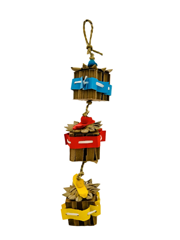 Vibrant Tweeting Tally Cruncher bird toy with colorful wooden beads and bright paper sticks, perfect for cockatiels.