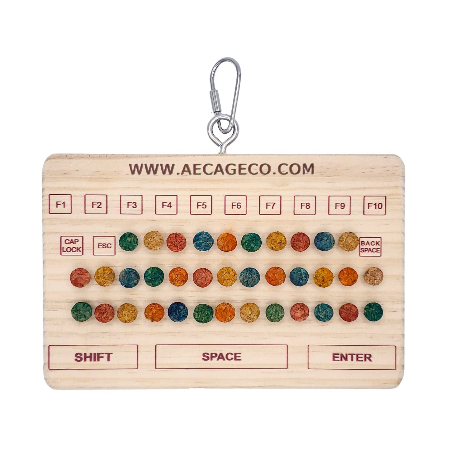Vibrant bird toy shaped like a keyboard, featuring chewable wood and refillable cork pieces for endless pet bird fun.