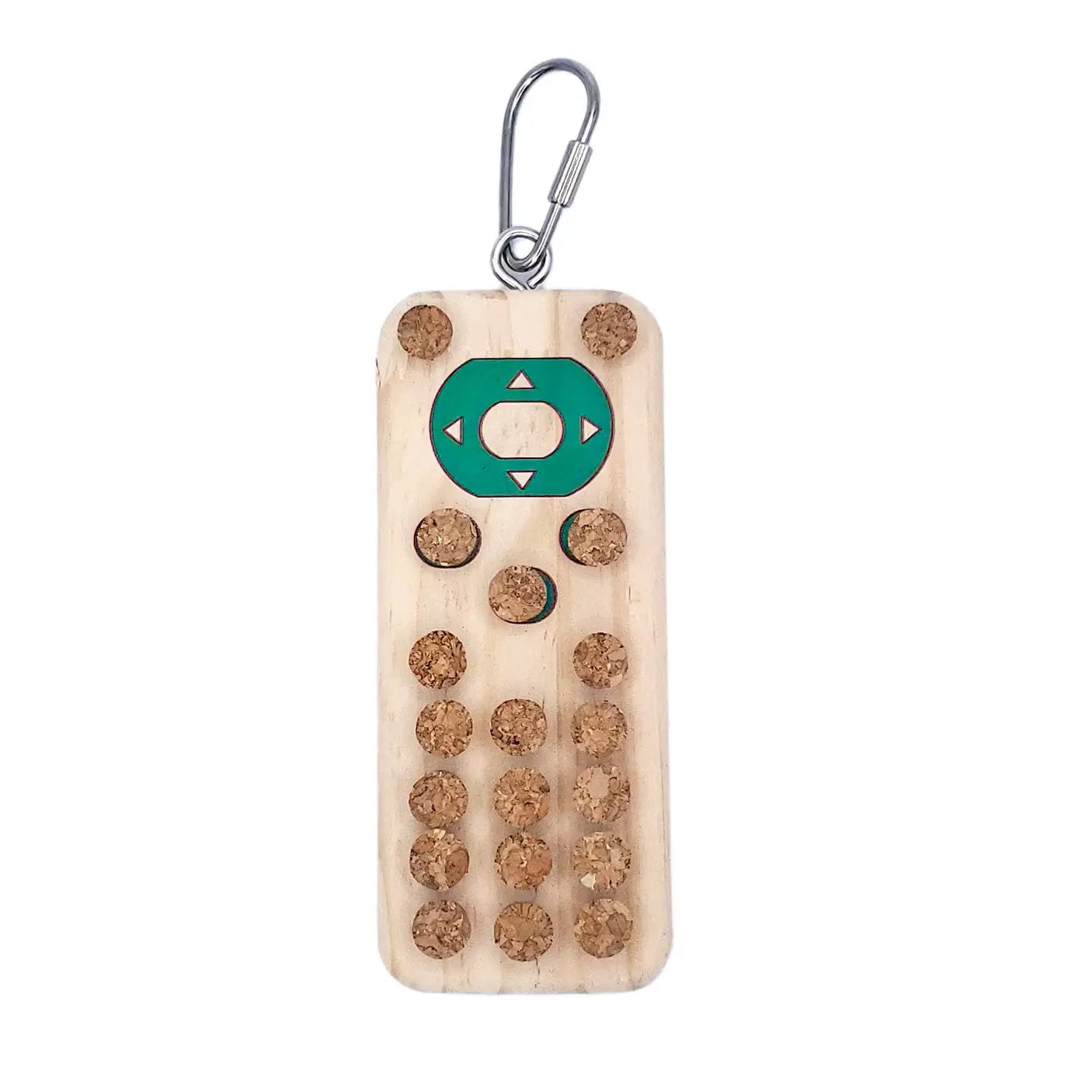 Playful bird toy shaped like a remote control, crafted from natural wood and chewable cork for safe beak fun.