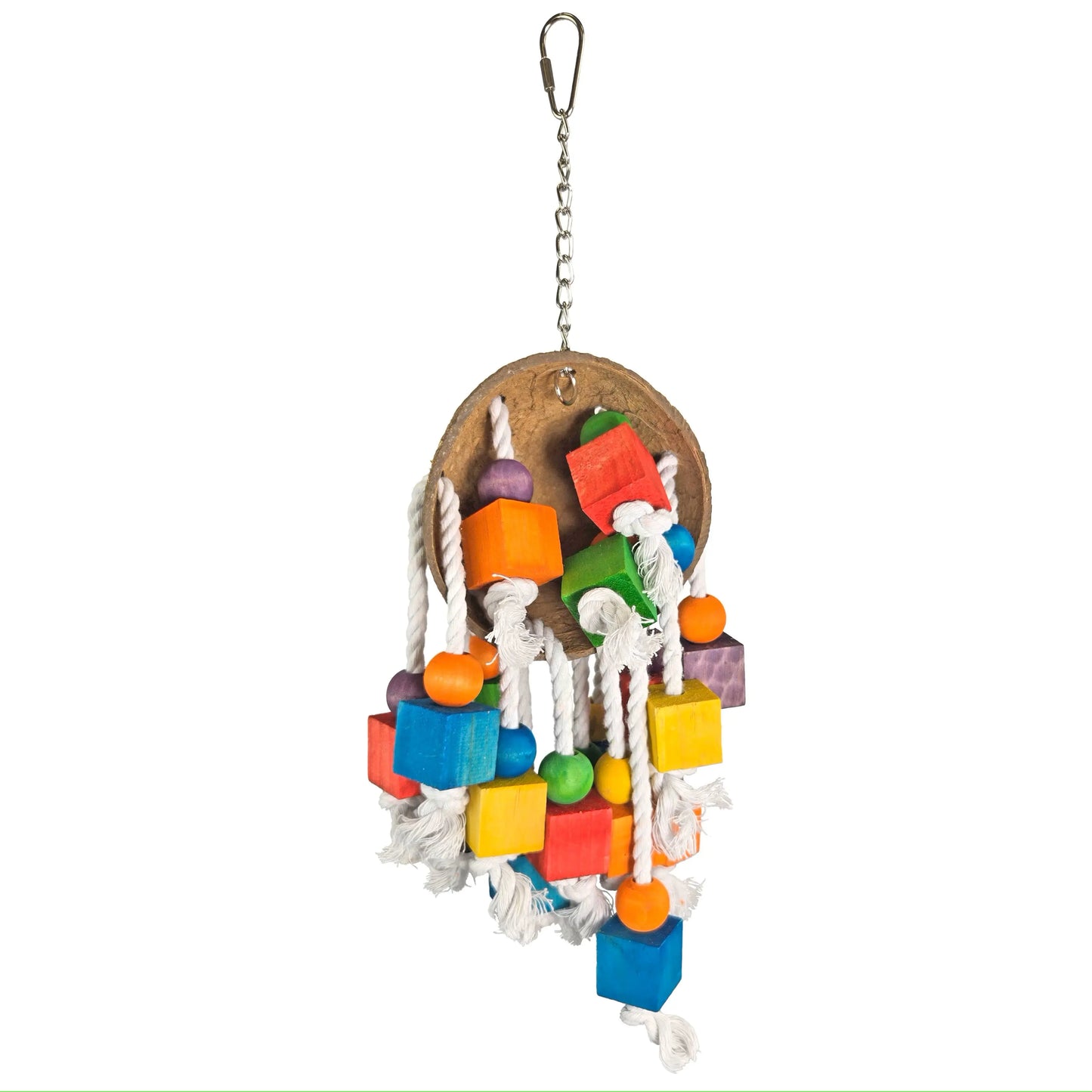 Vibrant Coco Loco bird toy featuring a natural coconut shell, colorful wood pieces, and sturdy cotton rope for chewing fun.