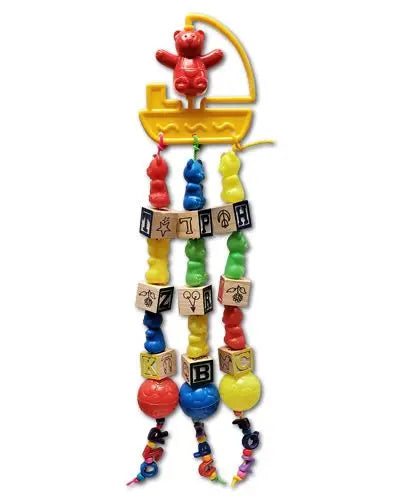 Colorful bird toy with plastic bears, foam shapes, beads, wood blocks, and a bear on a boat, crafted for medium birds.