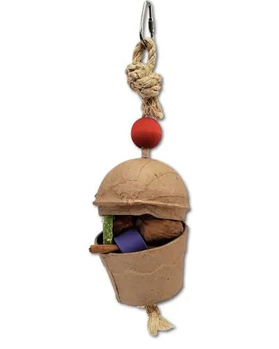 Colorful Happy Beaks Cupcake Forager toy for medium parrots, featuring sisal rope, a paper mache cupcake, wood bead, and foam flower.