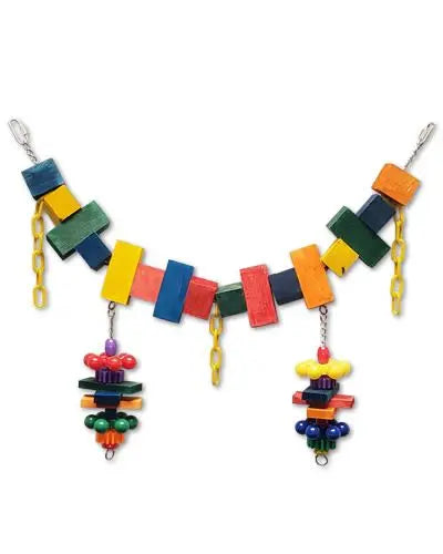 Vibrant XL Birdie Bridge toy with colorful wooden shapes, dangling plastic chains, and pine blocks for large birds to chew and perch.